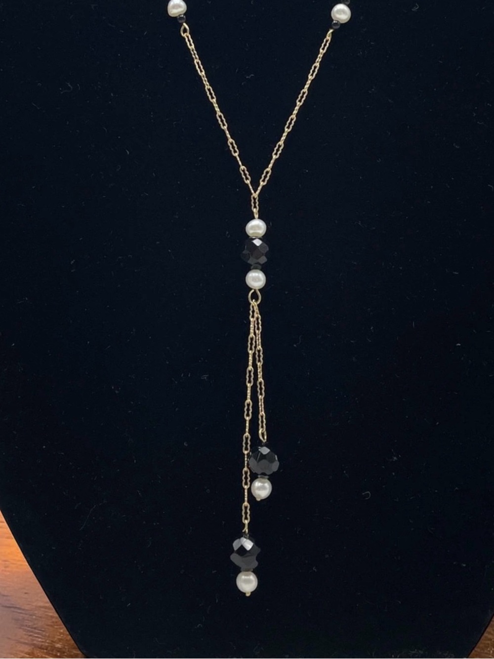 10K Solid Gold T&C Pearl & Black Onyx Y Necklace 3.07g